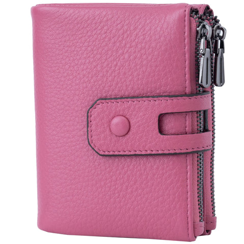 Bveyzi Small Soft Leather Wallet for Women RFID Blocking Ladies Card Holder with Double Zipper Pocket, Dark Pink, S