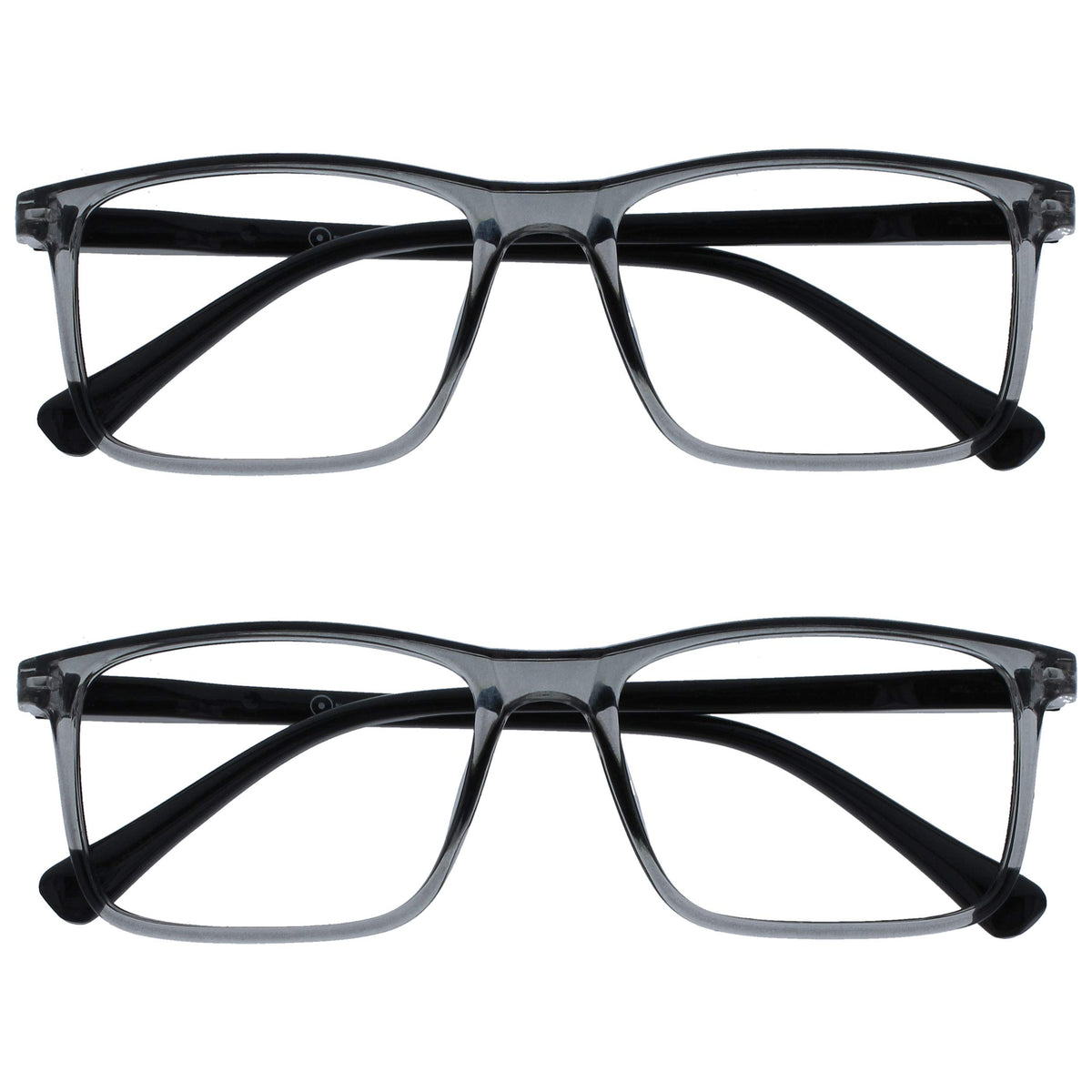 OPULIZE Ink Reading Glasses 2 Pack Large Rectangular Frame Transparent Grey Black Arm Spring Hinges Scratch Resistant Mens Womens RR4-7 +1.00