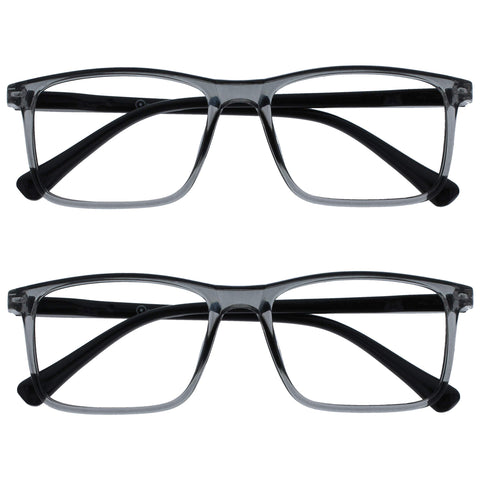 OPULIZE Ink Reading Glasses 2 Pack Large Rectangular Frame Transparent Grey Black Arm Spring Hinges Scratch Resistant Mens Womens RR4-7 +1.00
