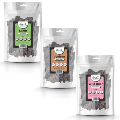 Drool Pet Products 100% Pure Dried Fresh Meat Lamb Venison & Wild Boar Triple Pack Meaty Strips for dogs 3 x 150g Air-Dried Nibbles Dog Chews for Dogs & Puppies