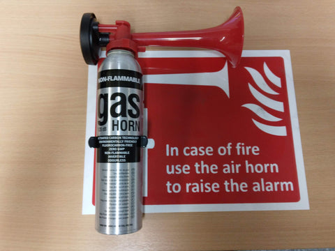 IN CASE OF FIRE USE THE AIR HORN SIGN & AIR HORN & BRACKET FIRE SAFETY DIY