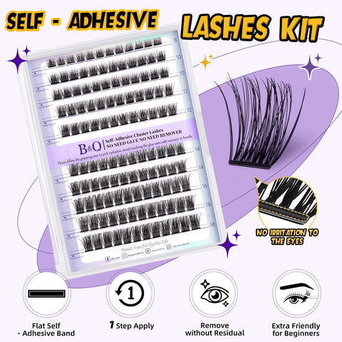 B&Q Self Adhesive Eyelashes Extensions Kit 120 PCS Self Adhesive Lashes 8-18 Mixed No Glue Eyelashes ZC02 Press On Eyelashes Clusters Kit Natural Adhesive Lashes Self Application (ZC02-D-MIX)