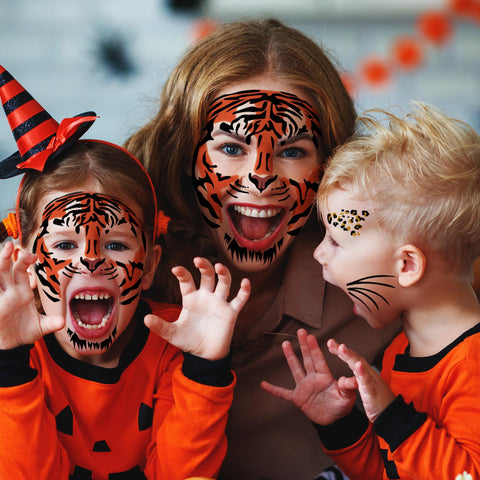 Tiger Face Tattoos - 6 Sheets Tribal Tiger Temporary Tattoo Kits for Halloween Costume, Men, Women, Kids - Body Decal Set for Parties
