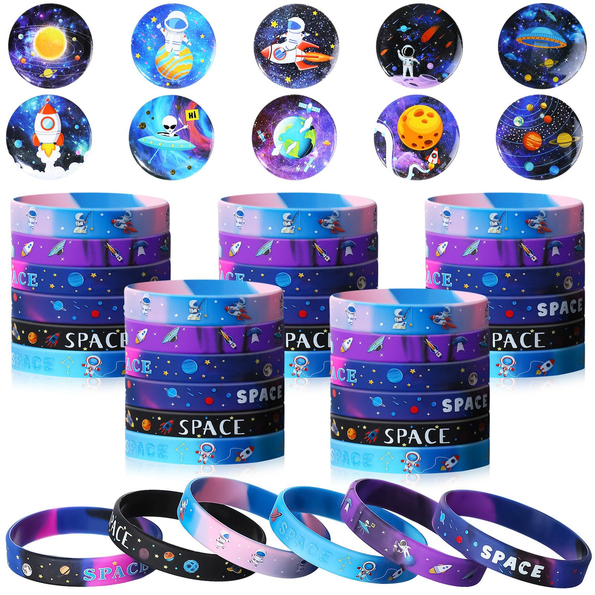 Capoda 60 Pcs Space Party Favors Includes 30 Space Themed Bracelets Silicone Rubber Wristbands and 30 Button Pins Badges for Galaxy Birthday Party Supplies Decorations Goodie Bag Stuffers Fillers
