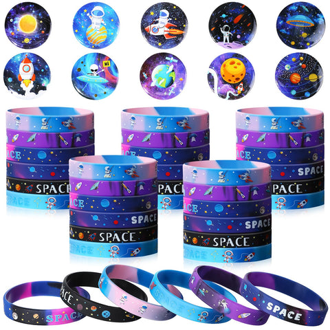 Capoda 60 Pcs Space Party Favors Includes 30 Space Themed Bracelets Silicone Rubber Wristbands and 30 Button Pins Badges for Galaxy Birthday Party Supplies Decorations Goodie Bag Stuffers Fillers