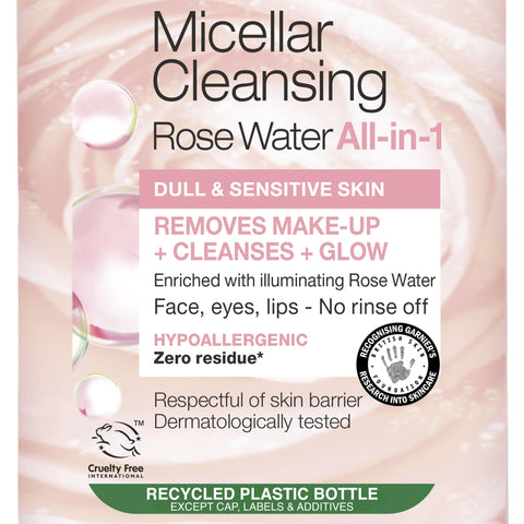 Garnier Micellar Rose Water For Dull Skin 400 ml, Glow Boosting Face Cleanser and Makeup Remover, Recognised By The British Skin Foundation, Use With Reusable Micellar Eco Pads