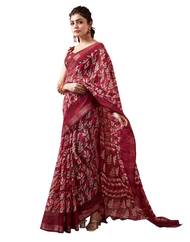 SIRIL Women's Cotton Blend Printed Border Jari Patta Woven Design Saree with Unstitched Blouse Piece (3467S1117_Maroon, Cream, Rose Pink)