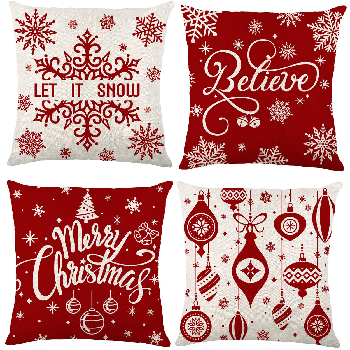 DIYDEC 4 Pack Christmas Pillow Covers, 18×18 Inch Linen Red Christmas Snowflake Throw Cushion Covers Merry Christmas Pillow Cases for Xmas Indoor Home Living room Sofa