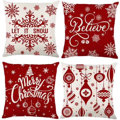 DIYDEC 4 Pack Christmas Pillow Covers, 18×18 Inch Linen Red Christmas Snowflake Throw Cushion Covers Merry Christmas Pillow Cases for Xmas Indoor Home Living room Sofa