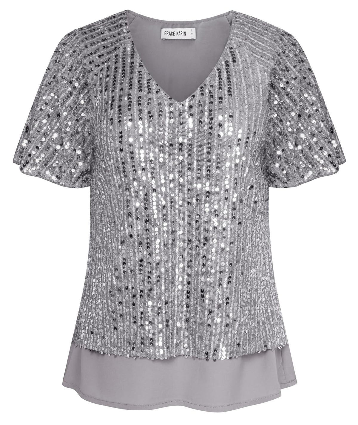 GRACE KARIN Women Oversized Comfort Solid Color Sequin Vest Loose Plus Size Cropped Chiffon Top Silver Gray M