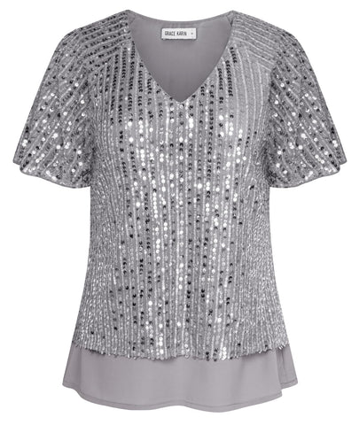 GRACE KARIN Women Oversized Comfort Solid Color Sequin Vest Loose Plus Size Cropped Chiffon Top Silver Gray M