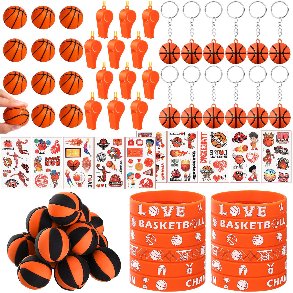 Aoriher Basketball Party Favors Set, Basketball Goodie Bag Fillers, Toy Whistle, Stickers Stress Ball Keychain Silicone Bracelet Erasers for Birthday Party Supplies