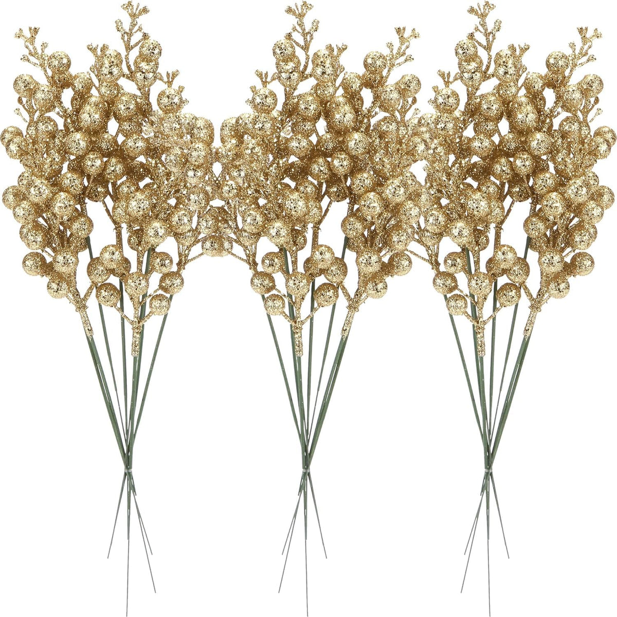 Sea Team 24-Pack Artificial Glitter Holly Berry Twig Ornaments, Decorative Fruit Sticks, Glittery Stems, Picks, Branches for Christmas Tree, Small Vase, Holiday, Wedding, Party, 11-inch, Gold