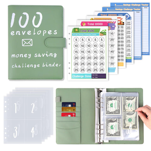 AIERSA 100 Envelopes Money Saving Challenge Binder Kit, Fun Budget Binder Book Organizer with Cash Envelopes for 30 Day, 100 Day, 52 Week Cash Stuffing, 500, 1000, 5050, 10000 Savings Challenge, Green