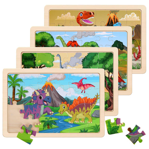 Wooden Puzzles Dinosaur Toys for Kids Ages 3-5, Set of 4 Packs Wood Jigsaw Puzzles, Preschool Educational Brain Teaser Boards for Boys and Girls 3 4 5 6 Years Old