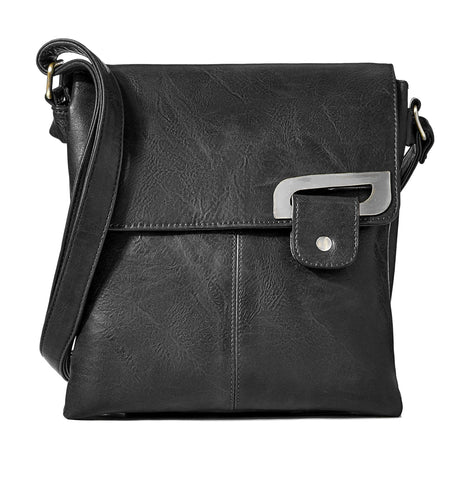 AOSSTA Women's Cross Body Shoulder Messenger Bag Multiple Slip and Zip Pockets Handbag with Storage Pocket Adjustable Strap (Black)