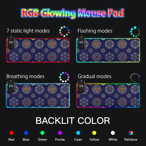 Ethnic Mandala Wireless Charging Mouse Pad for Mobile Phone Extra Large Gaming Mousepad with 13 Lighting Modes Keyboard Mat for MacBook PC Laptop Desk Office Home Gaming