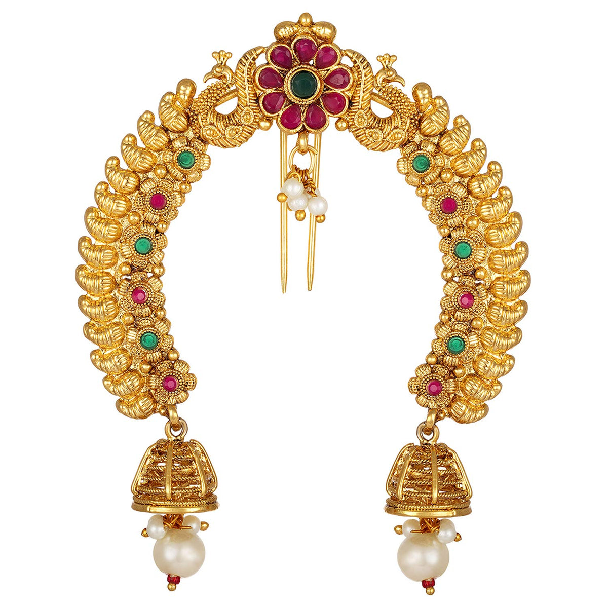 Aheli Faux Kundan Pearl Antique Gold Tone Peacock Design Crafted Indian Hair Brooch Pin Hanging Style Fashion Accessories Ethnic Wedding Jewelry for Women
