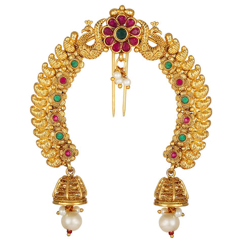 Aheli Faux Kundan Pearl Antique Gold Tone Peacock Design Crafted Indian Hair Brooch Pin Hanging Style Fashion Accessories Ethnic Wedding Jewelry for Women