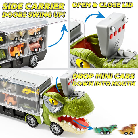 JOYIN 13 in 1 Dinosaur Truck Toys for Kids 3-5, 12 Pull Back Dinosaur Vehicles, Transport Carrier Truck, Music & Roaring Sound, Lights, Mini Dinosaur Car Set, Helicopter - Boy Toys Birthday Gifts