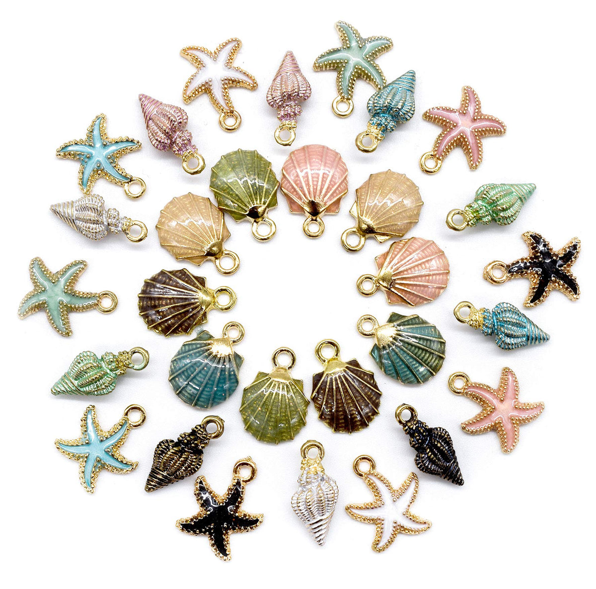 AUEAR, 30 Pack Ocean Starfish Conch Seashell Metal Gold Plated Enamel Charms Pendants for DIY Jewelry Making (Enamel Ocean Charms Style 1)
