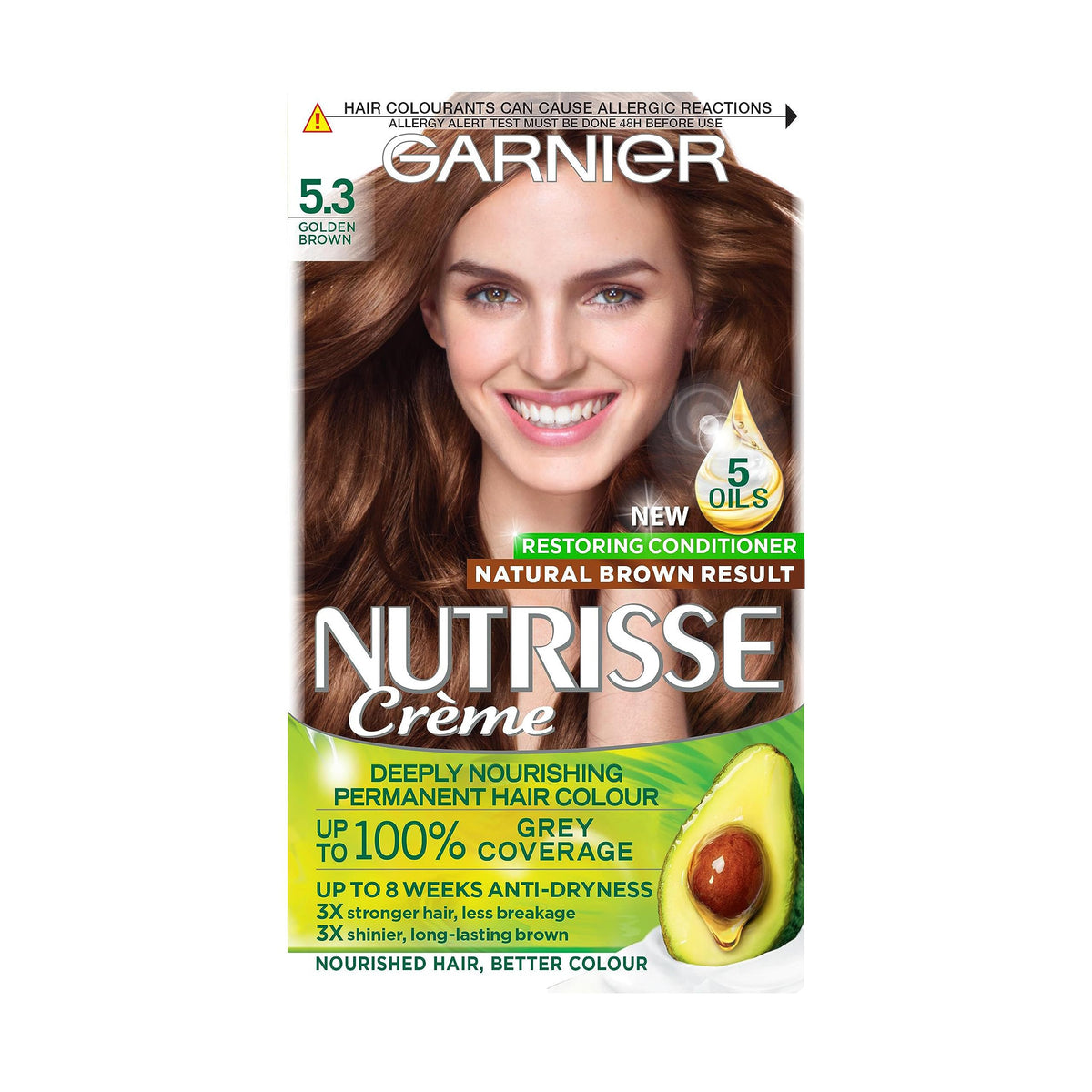 Garnier Nutrisse Permanent Hair Dye, Natural-looking, hair colour result, For All Hair Types, 5.3 Golden Brown