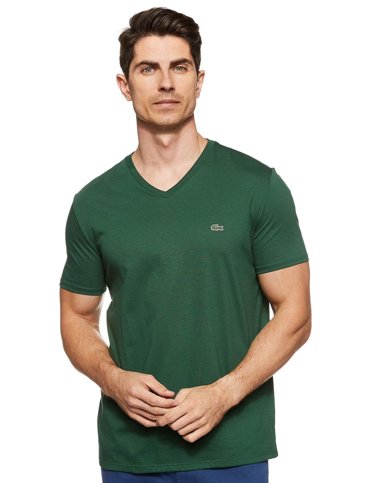 Lacoste Mens Short Sleeve V-Neck Pima Cotton Jersey T-Shirt, Green, Medium