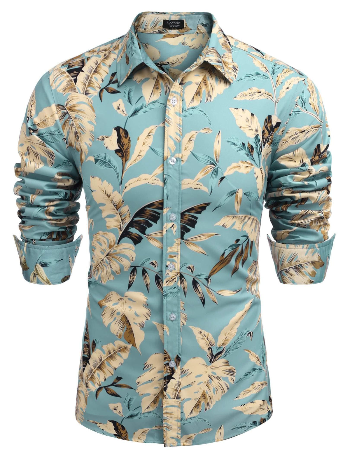COOFANDY Men's Floral Button Down Shirt Long Sleeve Flower Printed Dress Shirts Tropical Hawaiian Beach Shirts, Blue - Leaf, Medium