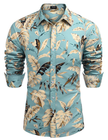 COOFANDY Men's Floral Button Down Shirt Long Sleeve Flower Printed Dress Shirts Tropical Hawaiian Beach Shirts, Blue - Leaf, Medium