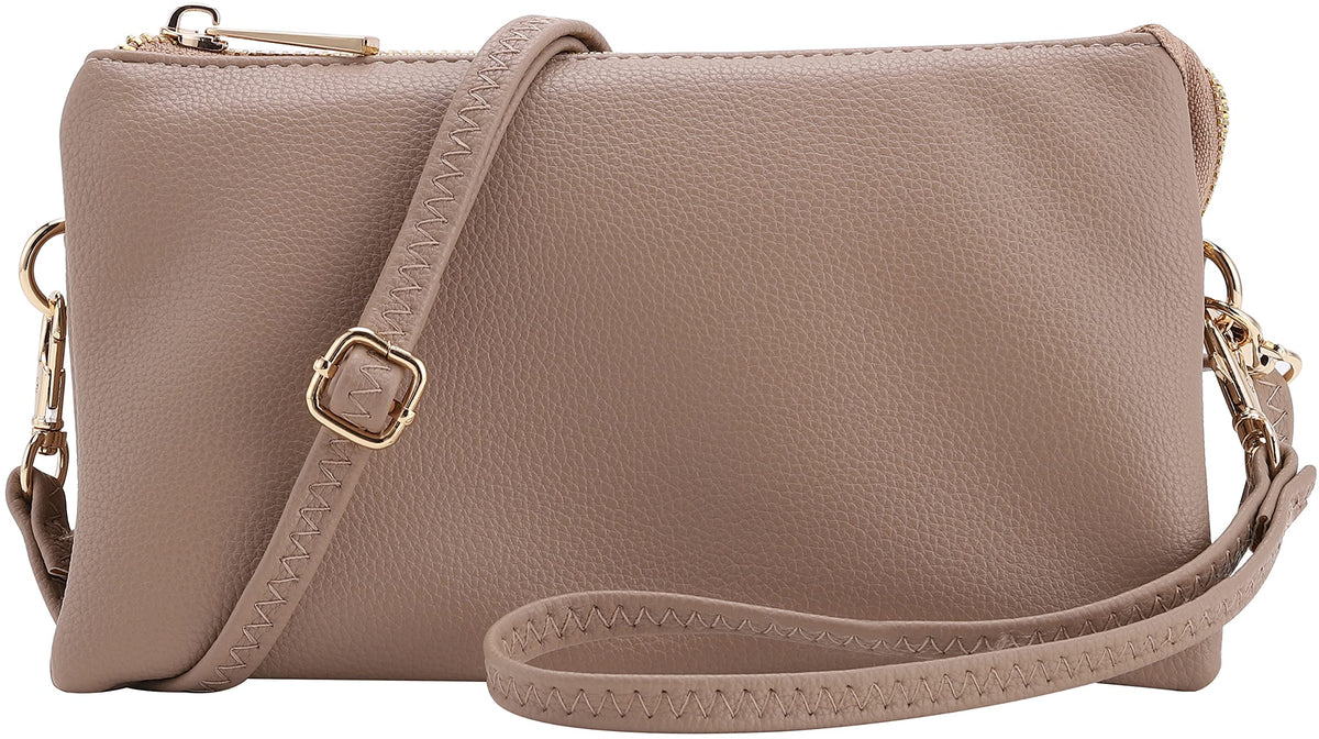 Vegan Leather Multi-Pocket Crossbody Purse/Clutch with Card Slots, Removable Wristlet Strap & Adjustable Shoulder Strap, Nude, S