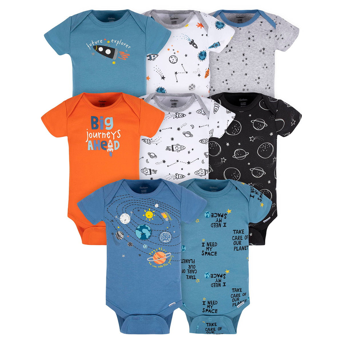 Gerber Baby Boy's 8-Pack Short Sleeve Onesies Bodysuits, Space, 12 Months