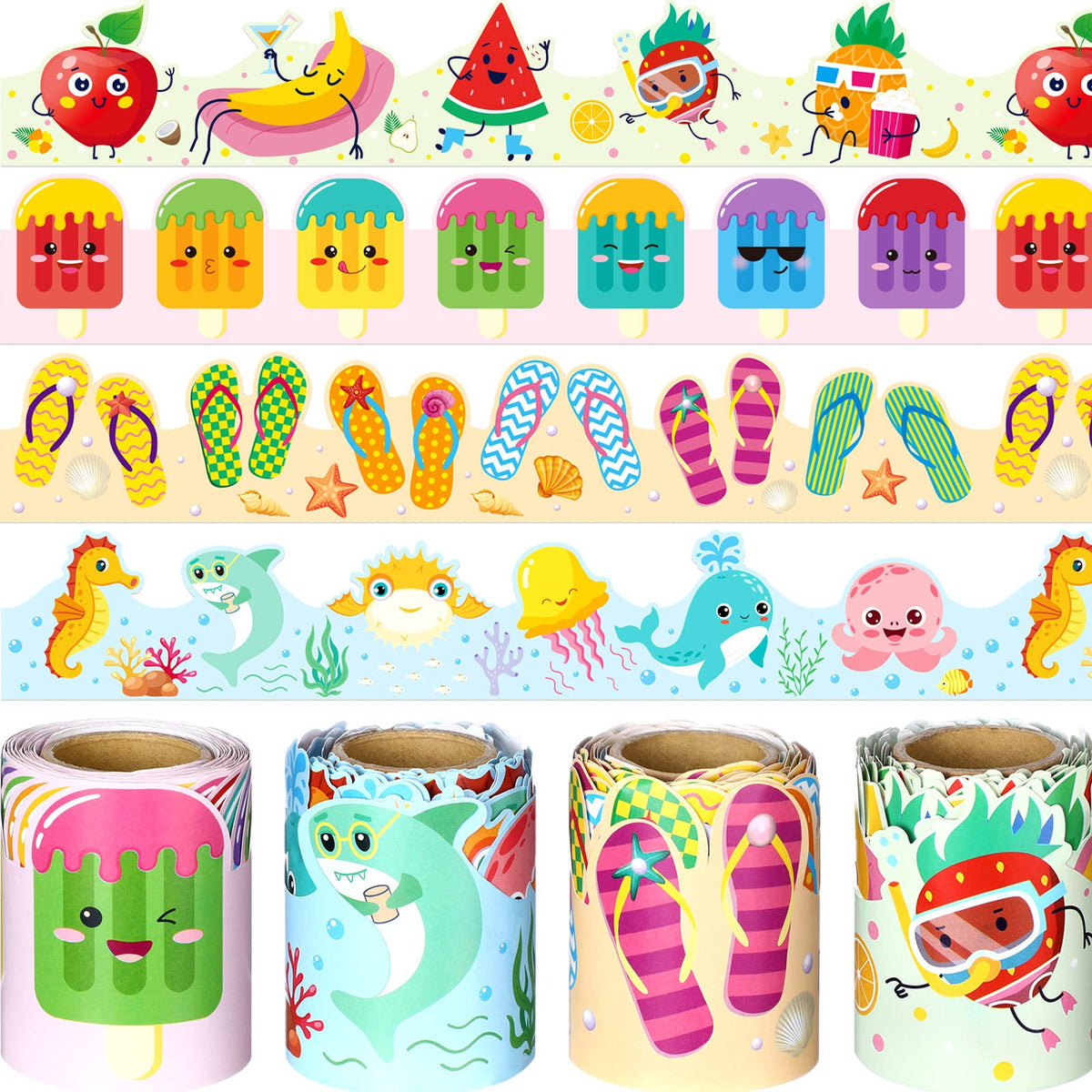 Yexiya 4 Rolls 131 Ft Summer Ice Pops Bulletin Board Borders Flip Flop Bulletin Trim Seasonal Decorations for Preschool Classroom Chalkboard Door Windows (Ice Pops Style)