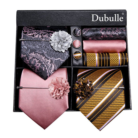 Dubulle Lot 3 PCS Classic Men's Silk Tie Set Paisley Stripe Necktie for Men Pocket Square Gift Box Multiple Sets,Grey Gold Pink