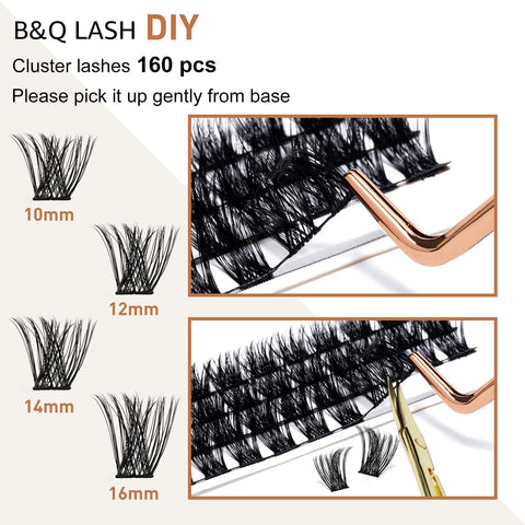 Lash Clusters Lash Ribbon 160 Clusters Lashes D Curl 10-16MIX DIY Lash Extensions Mega Volume B&Q LASH Individual Lashes Cluster Eyelash Ribbon With Lash Applicator Tool & Scissors (B03+B05,10-16MIX)