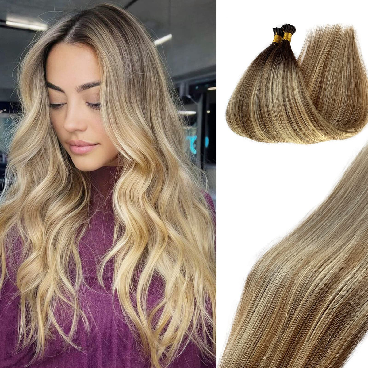 Blonde I Tip Hair Extensions Real Human Hair,Ombre I Tip Real Human Hair Extensions Highlights Chestnut Brown to Ash Brown with Blonde Itip Human Hair Extensions Keratin Itip Human Hair Extensions