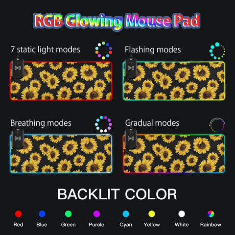 Beautiful Sunflowers in Black Background Wireless Charging Mouse Pad for Mobile Phone Extra Large Gaming Mousepad with 13 Lighting Modes Computer Mat for Office Home Gaming MacBook PC Laptop Desk