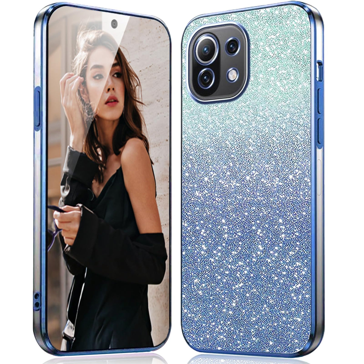 DESSEN Glitter Clear Phone Case for Xiaomi Mi 11 Lite 5G / 4G / NE - Transparent Silicone Cover Electroplated Frame + Glitter Card Design Bling Sparkly Shockproof Protective Flexible Bumper, Blue