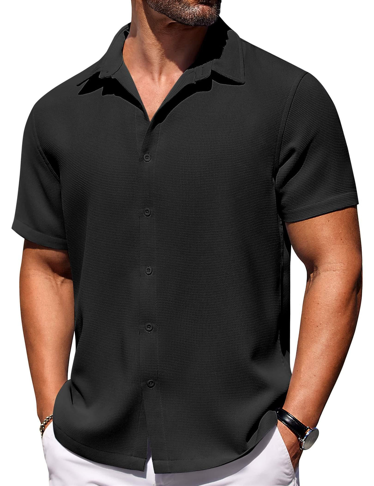 COOFANDY Men's Casual Button Down Shirts Short Sleeve Beach Shirt Waffle Knit Shirts Black