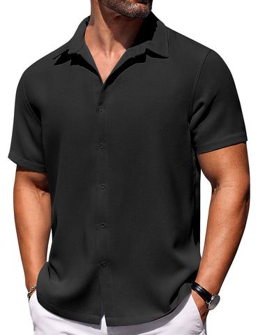 COOFANDY Men's Casual Button Down Shirts Short Sleeve Beach Shirt Waffle Knit Shirts Black
