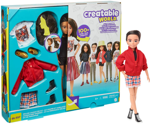Creatable World Deluxe Character Kit DC-557 Customizable Doll with Dark Brown Wavy Hair, 6 Pieces Doll Clothes, 3 Pairs Shoes and 2 Accessories, Creative Play for All Kids 6 Years Old and Up