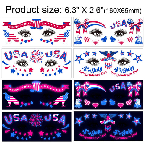 HOWAF 4th of July Glow UV Neon Temporary Tattoos 10 Sheets Independence Day Face Tattoo for USA Patriotic Party Supplies, American Flag Tattoos Stickers Face Art Decoration Red White Blue Tattoos