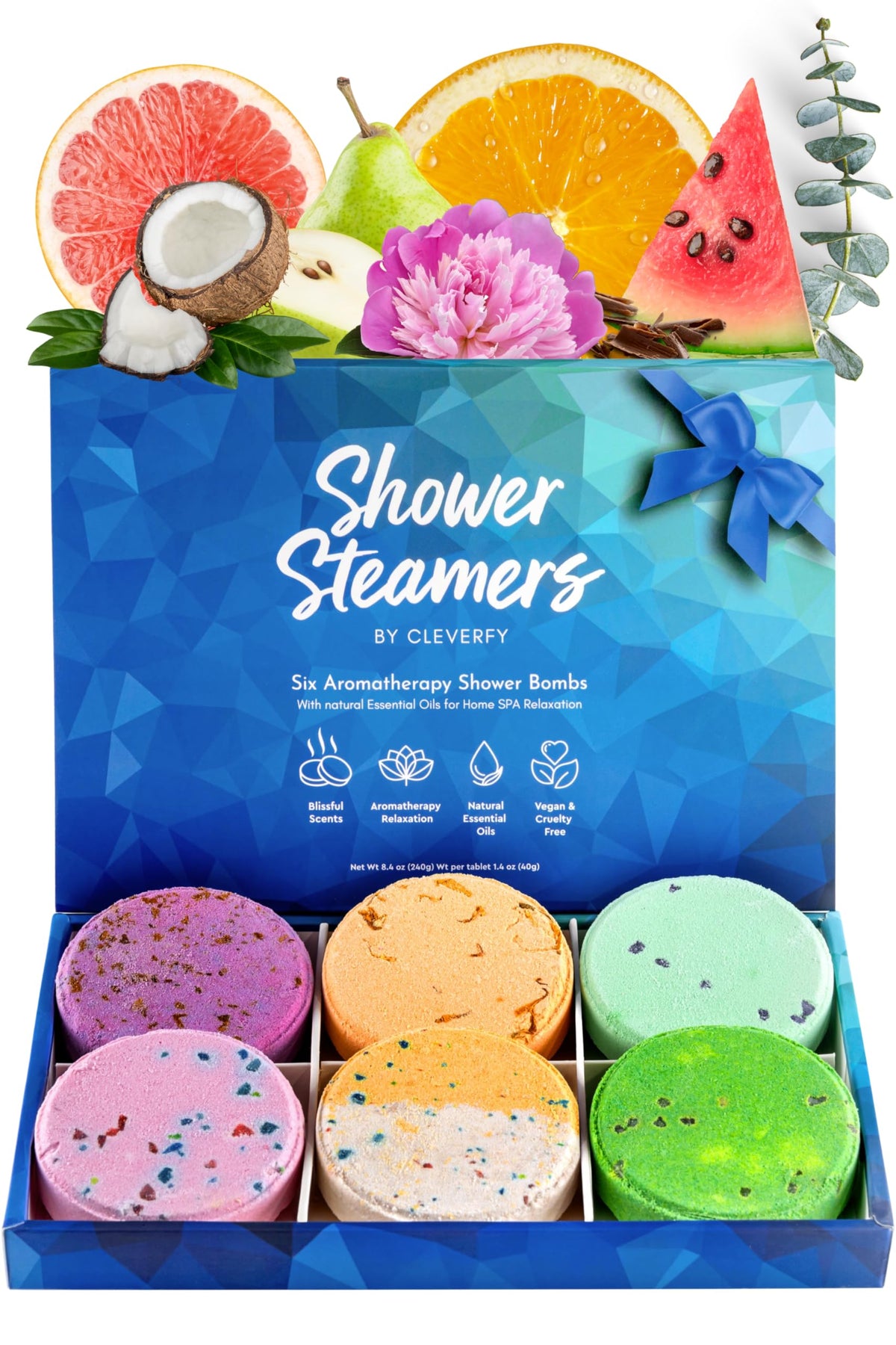 Cleverfy Shower Steamers Aromatherapy - Variety Pack of 6 Shower Bombs with Essential Oils. Self Care Easter Basket Stuffers for Teens and Adults. Blue Set