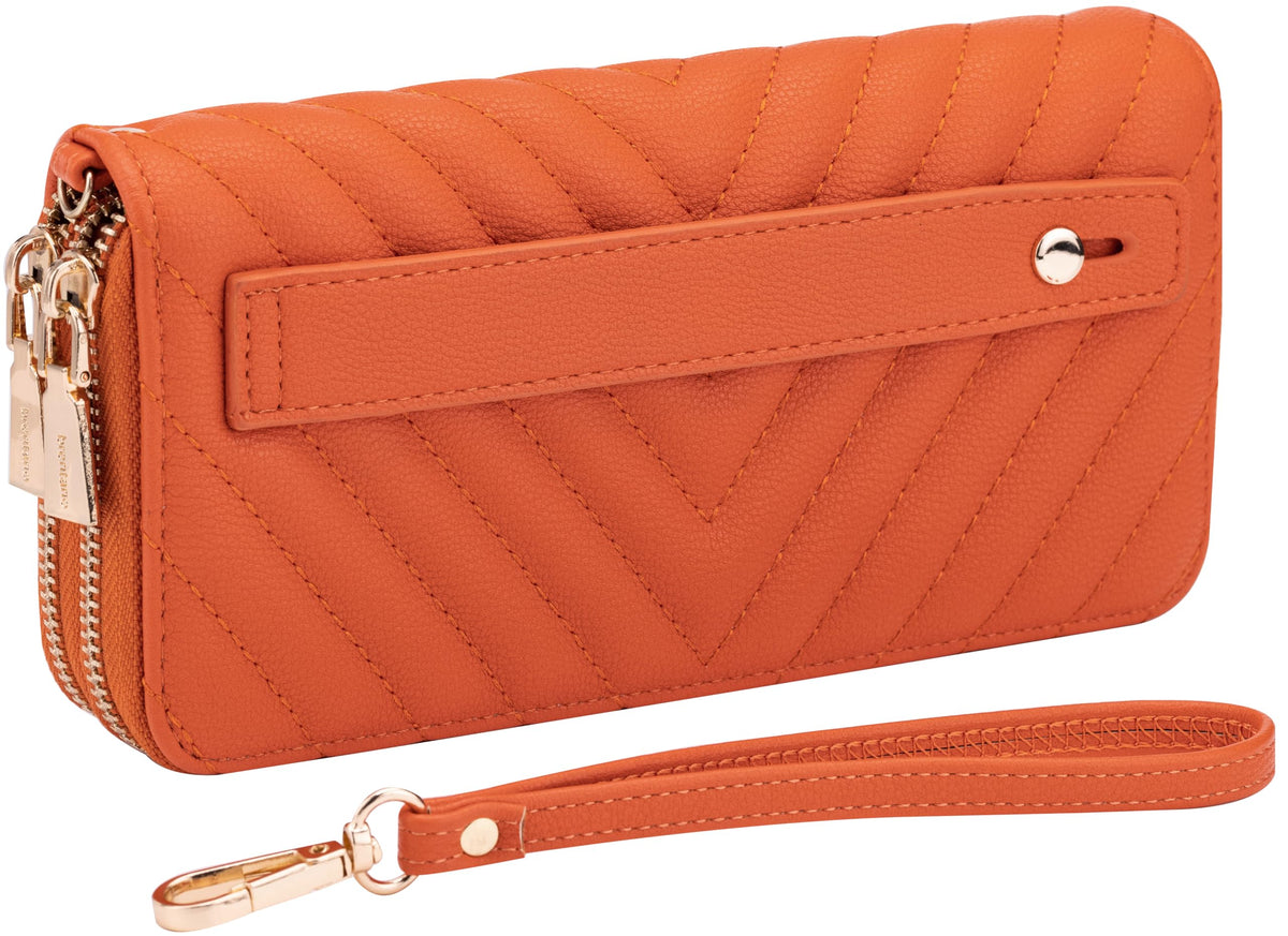 B BRENTANO Vegan Leather Double Zipper Pocket Wallet with Grip Hand Strap, Chevron Embroidered Orange, Wallet With Hand Grip