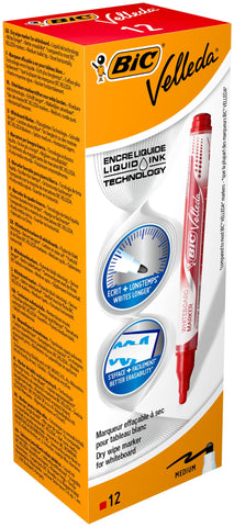 Bic Velleda Liquid Ink Dry Wipe Pocket Markers - Red (Pack of 12)