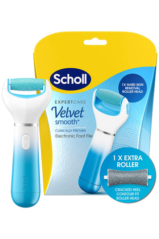 Scholl Velvet Smooth Electric Foot File with Cracked Heel Roller Refill - Pedicure Foot File System for Hard Skin and Callus Removal - Includes Velvet Smooth Roller and Cracked Heel Roller
