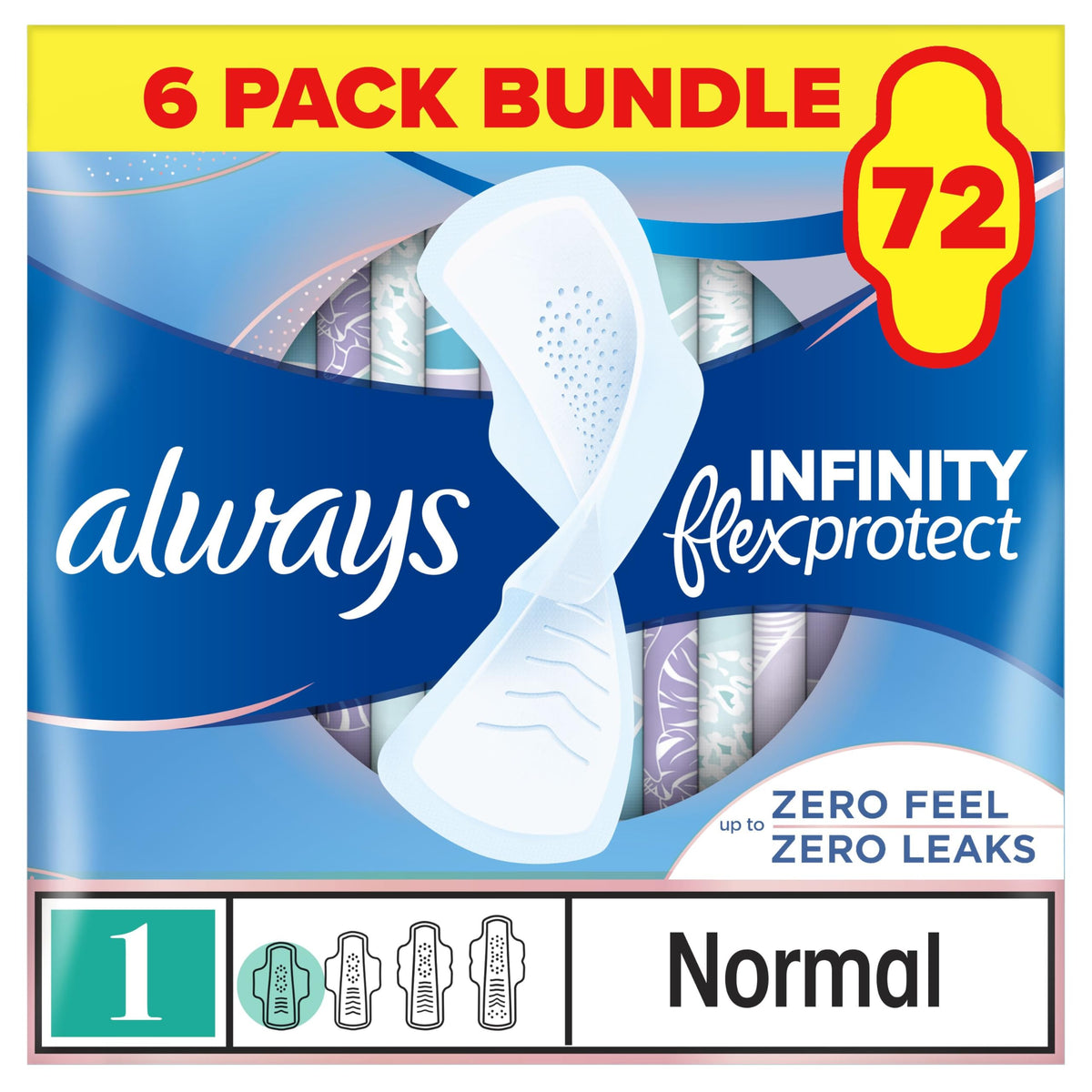 Always Infinity FlexProtect Pads Normal (Size 1) Sanitary Towels Wings 72 Pads, Up to Zero Feel, Up to Zero Leaks, Thin and Flexible Protection, Always' Softest Top Layer