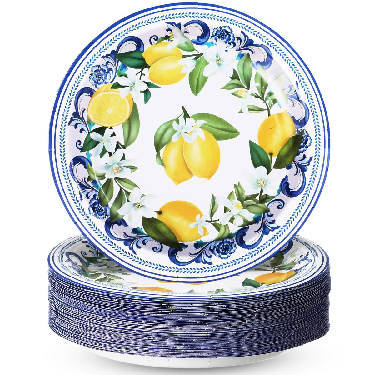 Potchen 100 Pack Capri Lemon Party Plates Set 7 in Disposable Capri Lemon Party Dinnerware Supplies Lemon Birthday Party Decoration Blue Tiles Yellow Lemon Paper Plates Supplies Favor, Serve 100 Guest