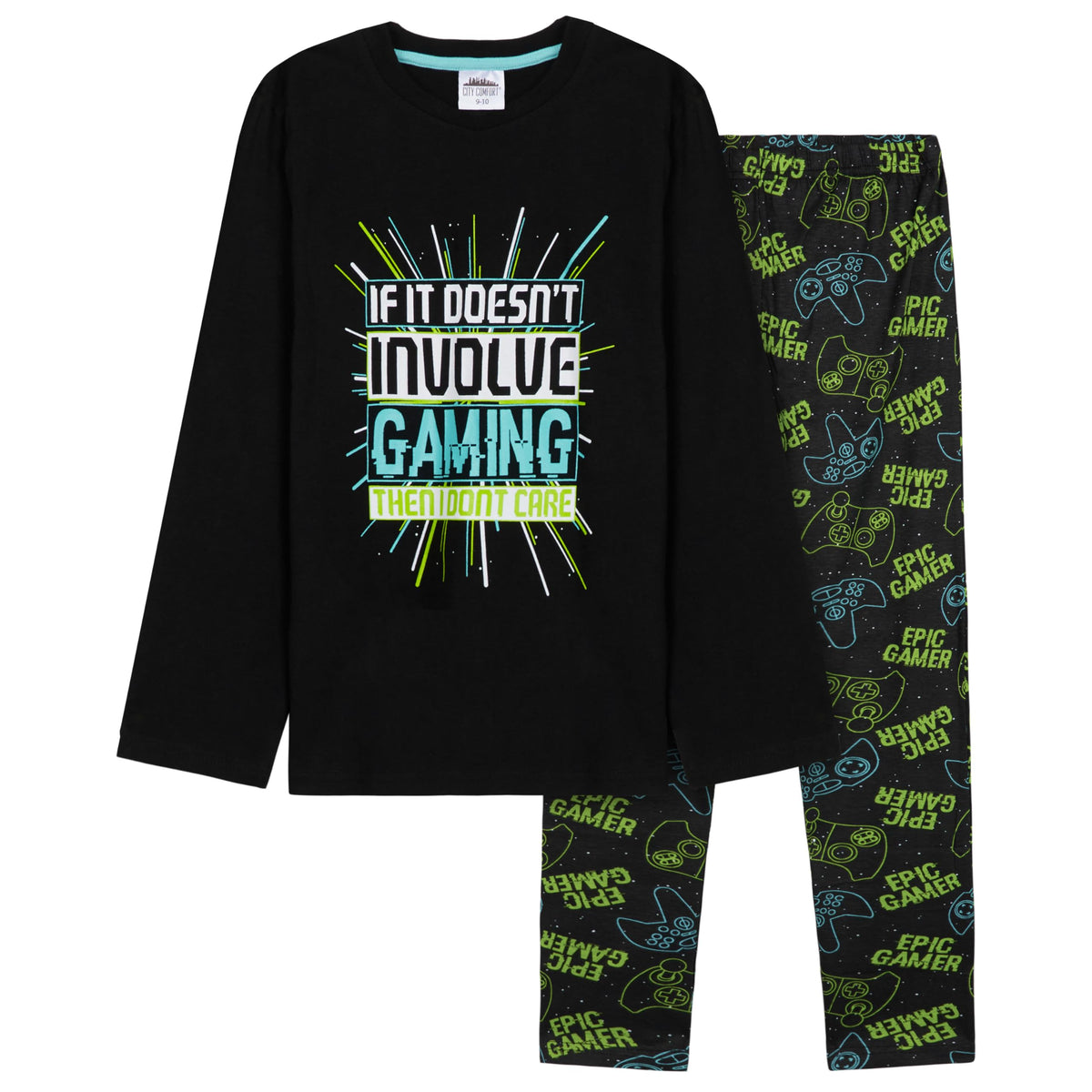 CityComfort Boys Long Pyjama Set, Comfortable Breathable Sleepwear PJs - Gamer Gifts for Boys (Green/Black, 9-10 Years)