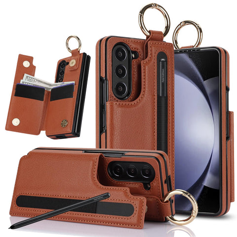 XIMAND for Samsung Galaxy Z Fold 6 Wallet Case with S-Pen Holder and Credit Card Holder, Cash Slot, Luxurious Leather Magnetic Clasp Kickstand Heavy Duty Ring Protective Cover.(Brown)