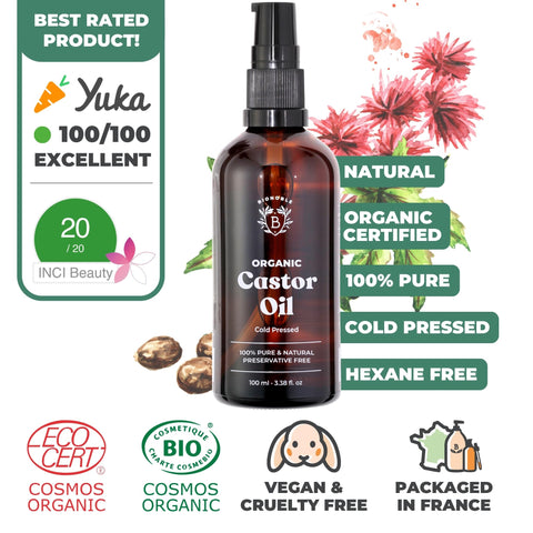 Bionoble Organic Castor Oil 100ml - 100% Pure, Natural, Cold Pressed - Lashes, Eyebrows, Body, Hair, Beard, Nails - Vegan, Cruelty Free - Glass Bottle + Pipette + Pump